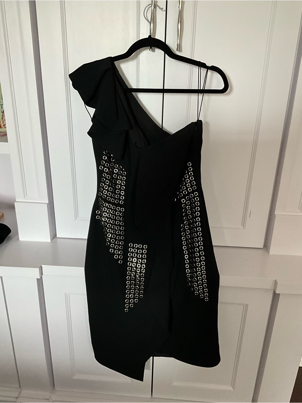 Black One-Shoulder Eyelet-Embellished Dress